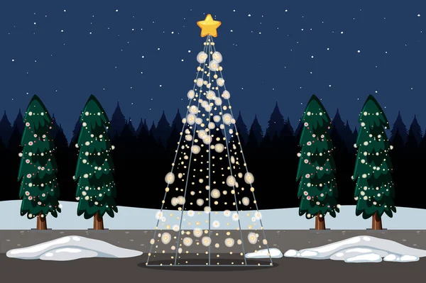 Árvore Natal Leve Com Pinheiros Noite Ilustração Cena — Vetor de Stock