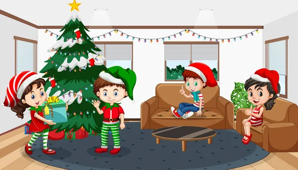 Παιδιά Γιορτάζουν Χριστούγεννα Στο Σπίτι Εικονογράφηση — Διανυσματικό Αρχείο