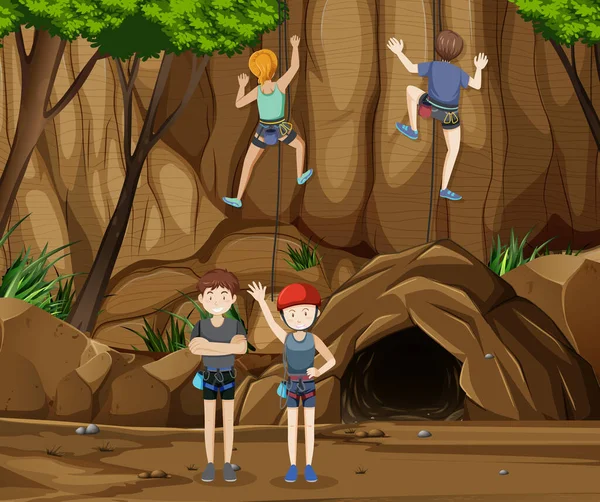 Rock Horolezectví Scéna Lidmi Lezení Jeskyně Ilustrace — Stockový vektor