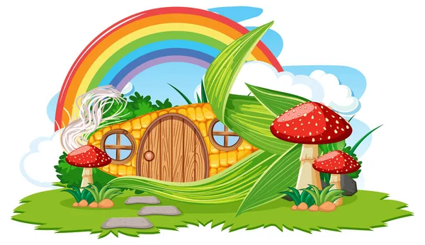 Fantasy Corn House Con Arcobaleno Nel Cielo Illustrazione — Vettoriale Stock