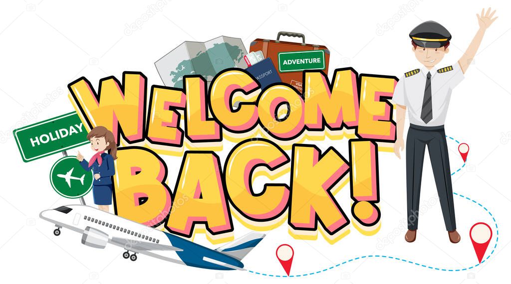 Welcome back typography logo with a pilot cartoon character illustration