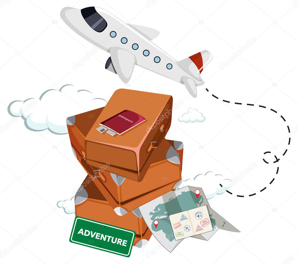 Stack of luggages with airplane on white background illustration