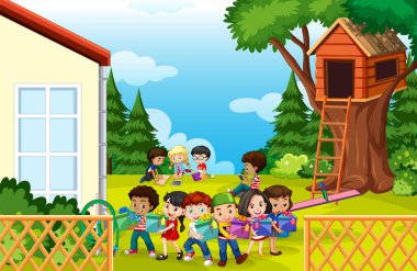 Park illüstrasyonunda çocukların olduğu sahne