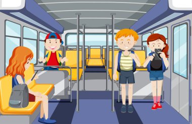 Toplu taşıma illüstrasyonunu kullanan birçok kişinin olduğu sahne