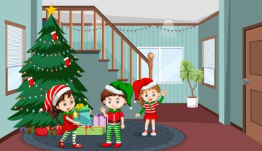 Noel illüstrasyonunu kutlayan çocuklarla dolu bir oda.