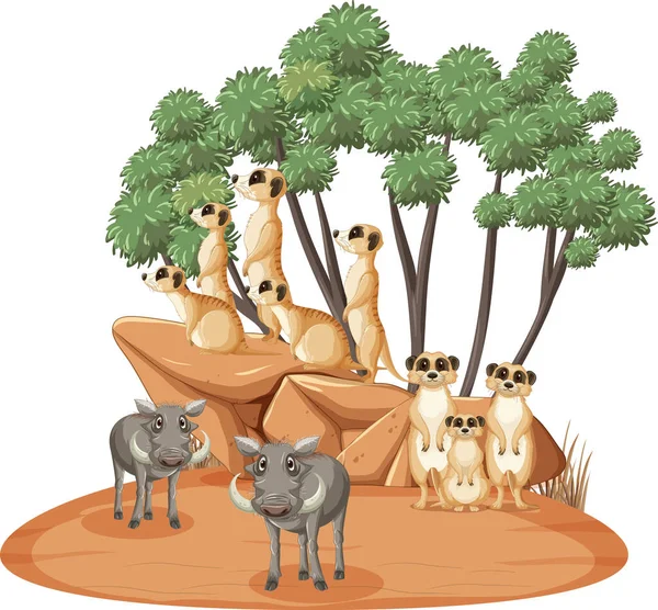 Abgelegener Savannenwald Mit Erdmännchen Und Wildschweinen Illustration — Stockvektor