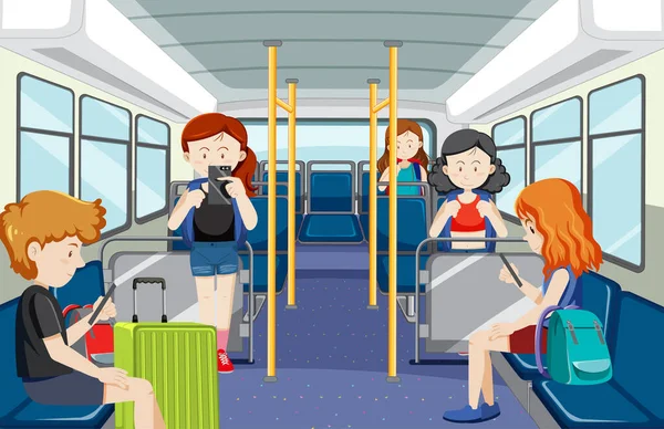 Toplu Taşıma Illüstrasyonunu Kullanan Birçok Kişinin Olduğu Sahne — Stok Vektör