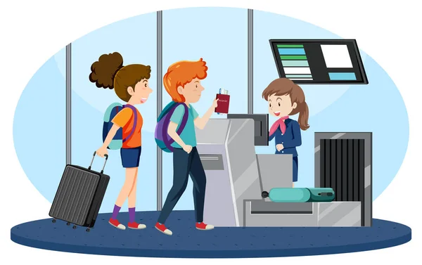 Επιβάτες Στο Check Counter Απεικόνιση Επίγειου Συνοδού — Διανυσματικό Αρχείο