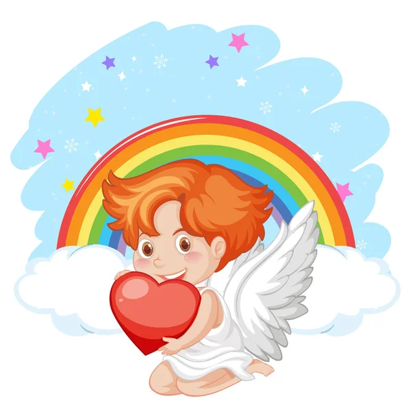 虹の背景に赤いハートを持つ天使の少年イラスト — ストックベクタ