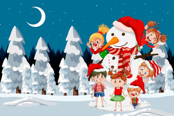 Snowy Noc Scena Bałwana Bożego Narodzenia Dzieci Ilustracja — Wektor stockowy