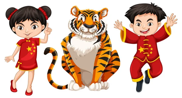 Chinese Boy Girl Wild Tiger Illustration — Stock Vector