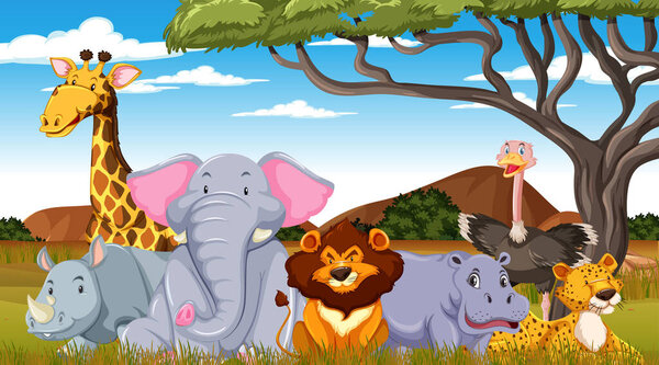 Wild animals in savanna forest scene illustration