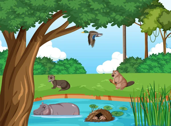 Viele Tiere Neben Fluss Illustration — Stockvektor