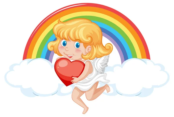 Angel Niña Sosteniendo Corazón Rojo Fondo Del Arco Iris Ilustración — Vector de stock