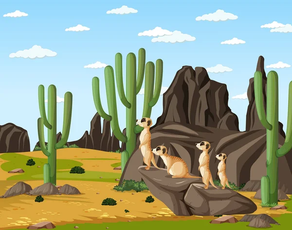 Cena Deserto Com Grupo Meerkats Ilustração —  Vetores de Stock