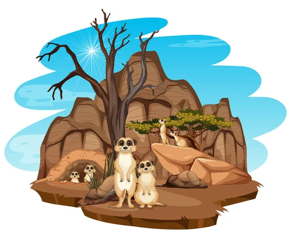 Geïsoleerde Natuur Scène Met Meerkat Familie Illustratie — Stockvector