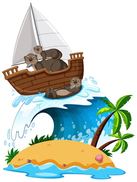 Otters Sailboat Ocean Wave Illustration — Vettoriale Stock