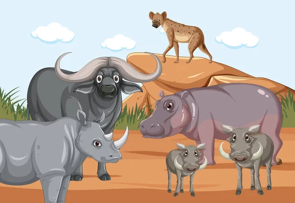 Animales Salvajes Bosque Sabana Ilustración Del Paisaje — Vector de stock