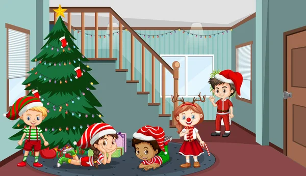 Niños Celebrando Navidad Casa Ilustración — Archivo Imágenes Vectoriales