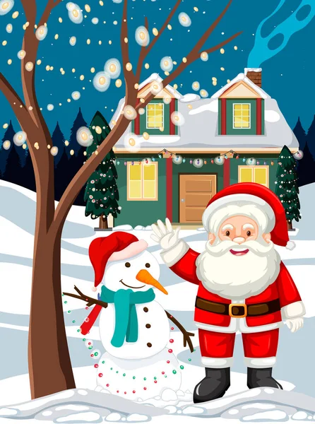 Navidad Escena Invierno Con Santa Claus Muñeco Nieve Ilustración — Archivo Imágenes Vectoriales