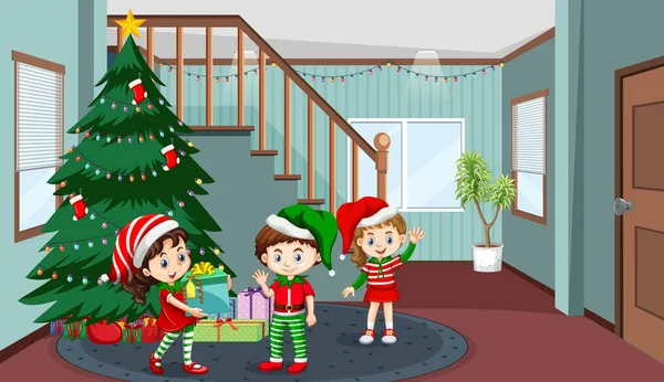 Room Scene Children Celebrating Christmas Illustration — Stock Vector