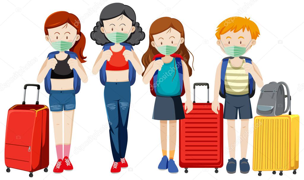 Group of travellers wearing masks with their luggages illustration