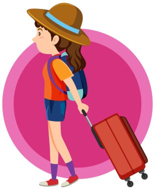 Mutlu kız pembe arkaplan resimlerinde bavulunu çekiyor.