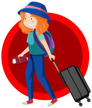 Bavul ve pasaport resimli mutlu kadın.