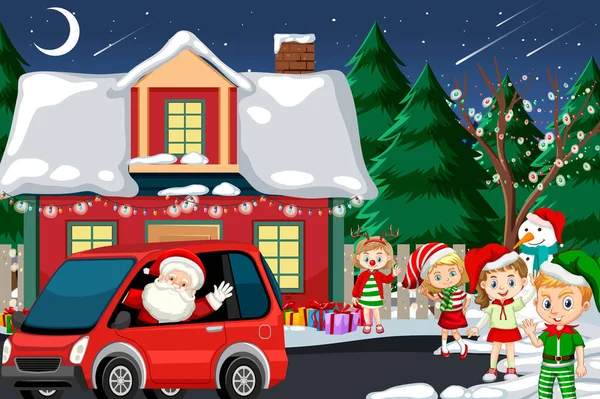 Scène Hiver Noël Avec Illustration Enfants Heureux — Image vectorielle