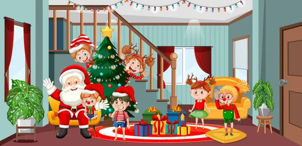 Barn Firar Jul Med Jultomten Illustration — Stock vektor