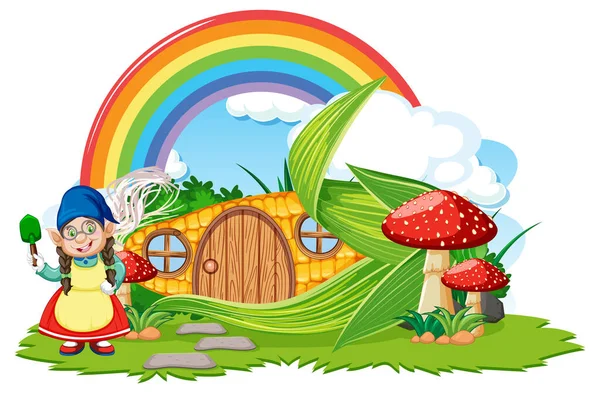 Fantasie Maïs Huis Met Regenboog Lucht Illustratie — Stockvector