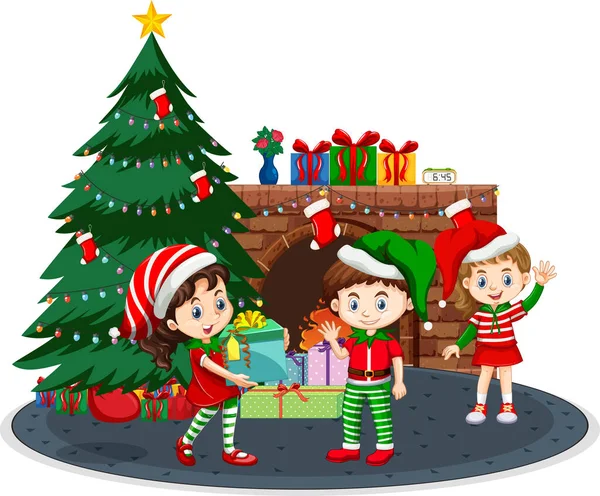 Happy Children Celebrating Christmas Home Illustration — Stock Vector