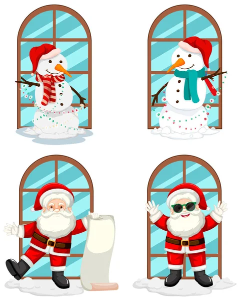 Set Von Schneemann Und Weihnachtsmann Fenster Illustration — Stockvektor