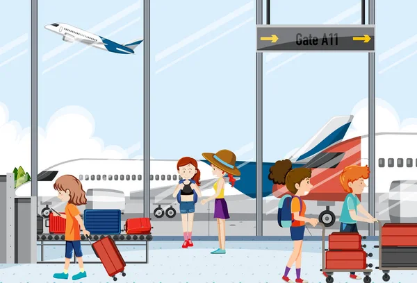 Terminal Aéroport Scène Avec Des Passagers Illustration — Image vectorielle