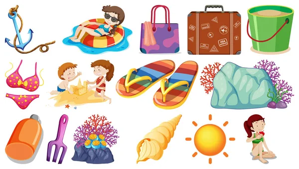 Set Summer Beach Objects Cartoon Characters Illustration — Stock Vector