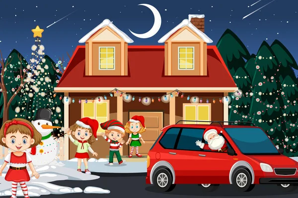 Scène Hiver Noël Avec Enfants Illustration Père Noël — Image vectorielle