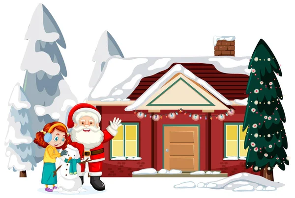 Casa Coberta Neve Com Papai Noel Árvores Decoradas Natal Ilustração — Vetor de Stock