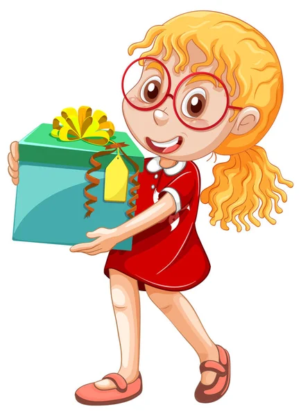 Ένα Κορίτσι Που Κρατά Ένα Κουτί Δώρου Χαρακτήρα Κινουμένων Σχεδίων — Διανυσματικό Αρχείο
