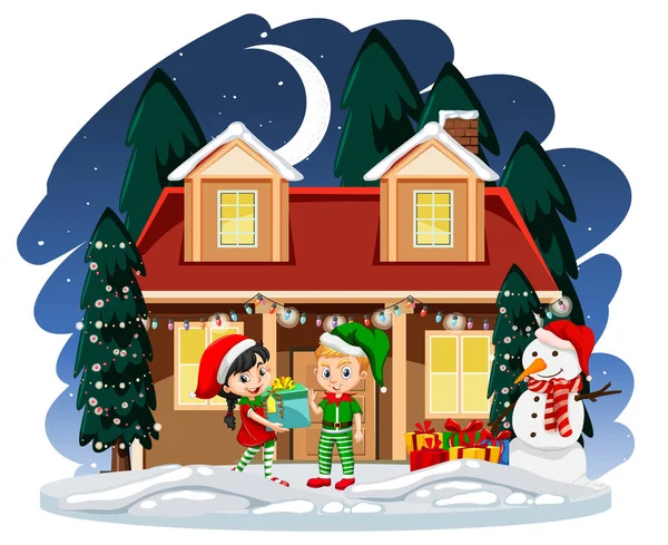 Children Christmas Costumes Standing Front House Illustration — Stock Vector