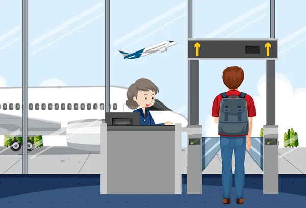 Vertrek Gate Scene Met Passagiers Service Personeel Illustratie — Stockvector