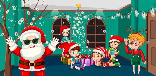 Παιδιά Γιορτάζουν Χριστούγεννα Τον Άγιο Βασίλη Εικονογράφηση — Διανυσματικό Αρχείο