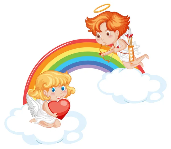 Angel Niño Niña Una Nube Con Ilustración Arco Iris — Vector de stock