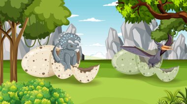 Tarih öncesi orman sahnesinde dinozor.