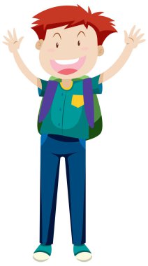 Mutlu çocuk ayakta duruyor ve el sallıyor.