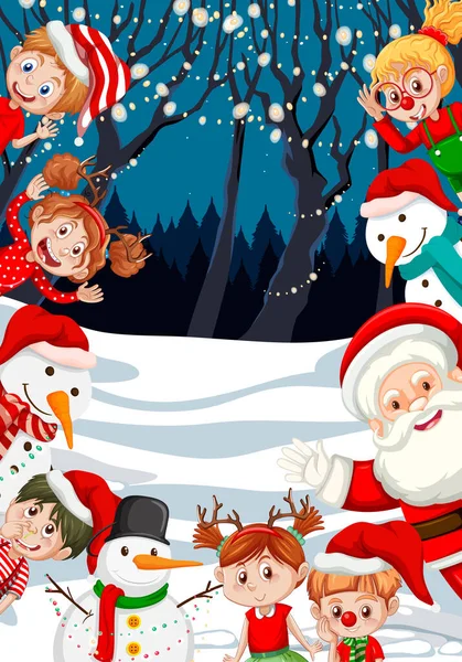 Weihnachtsrahmen Mit Glücklichen Kindern Und Weihnachtsmann Illustration — Stockvektor