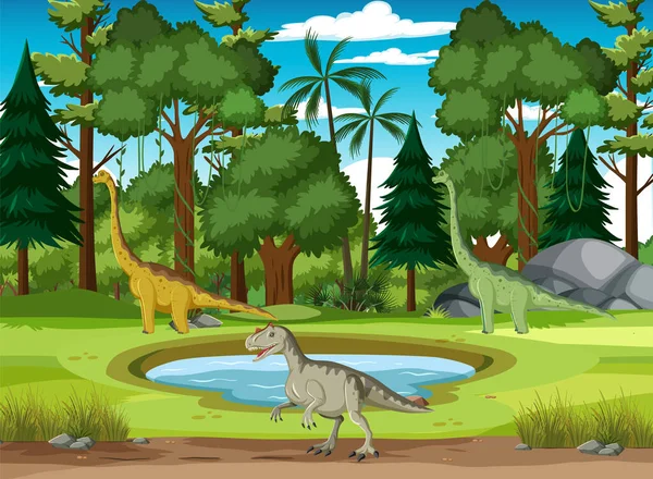 Dinosaurio Escena Prehistórica Del Bosque Ilustración — Archivo Imágenes Vectoriales