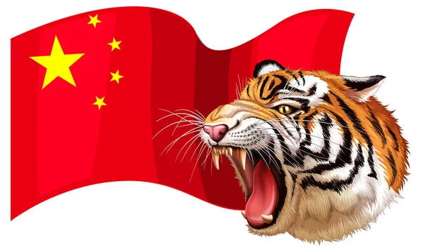 Cina Disegno Bandiera Con Illustrazione Tigre Selvaggia — Vettoriale Stock