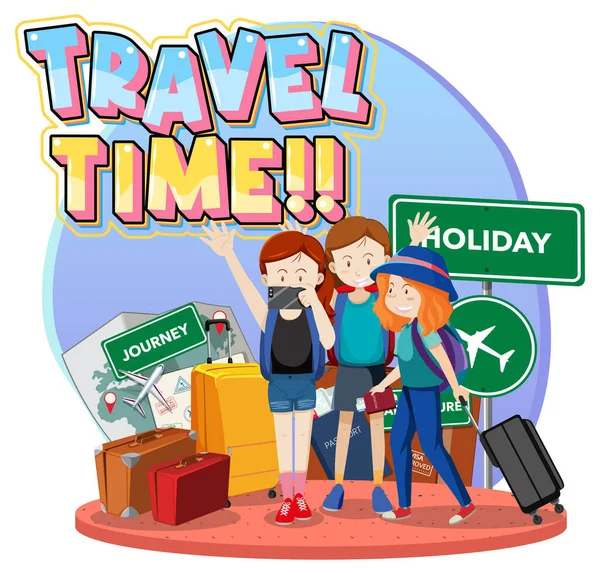 Typografické Logo Travel Time Skupinovou Ilustrací Cestovatelů — Stockový vektor