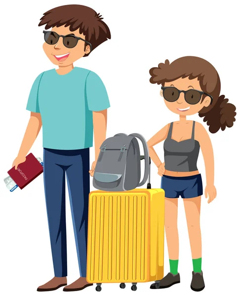 Couple Voyageurs Debout Avec Leurs Bagages Illustration — Image vectorielle