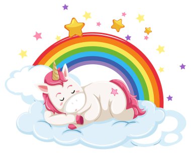Gökkuşağı çizimleriyle bulutların üzerinde yatan küçük tek boynuzlu at.